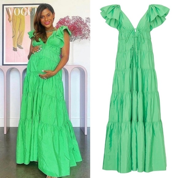 ALC Flutter Short Sleeve V-Neck Empire Waist‎ Front Tie Ruffle Tier Maxi Gown 6 - Picture 14 of 16